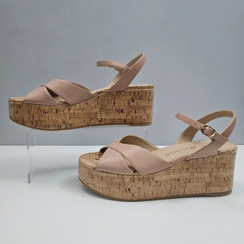 Stuart Weitzman Carmen Midi Wedge Sandal Womens 9.5 Beige Tan Platform Cork